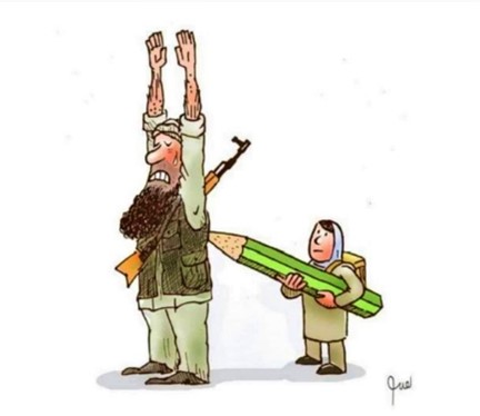 Cartoon: Ein kleines Mädchen hält einem Taliban von hinten einen großen Bleistift in den Rücken.